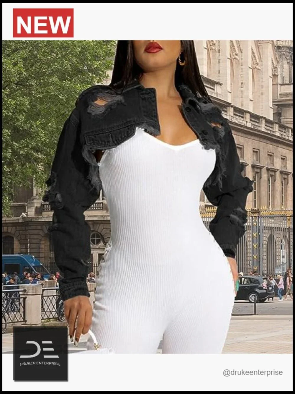 Cropped Denim Jacket Long Sleeve Ripped Destroyed Jean Jacket